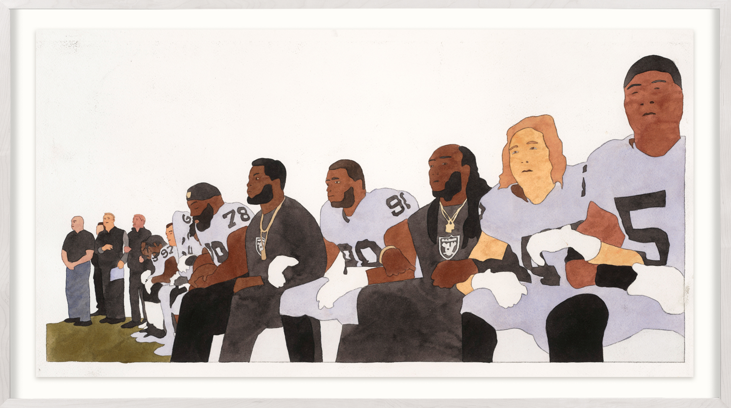 A color image of a framed watercolor painting depicting football players kneeling and locking arms during the national anthem