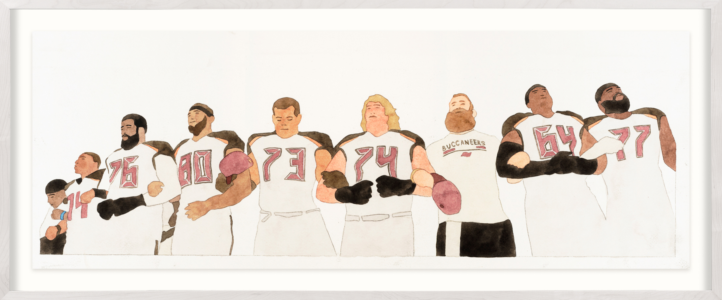 A color image of a framed watercolor painting depicting football players standing and locking arms during the national anthem