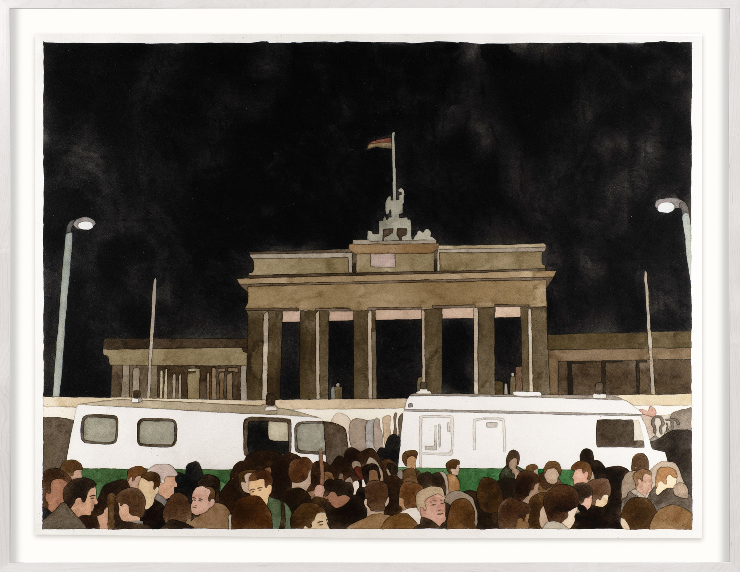 A color image of a framed watercolor painting depicting a crowd of people, buses, and a German governmental building