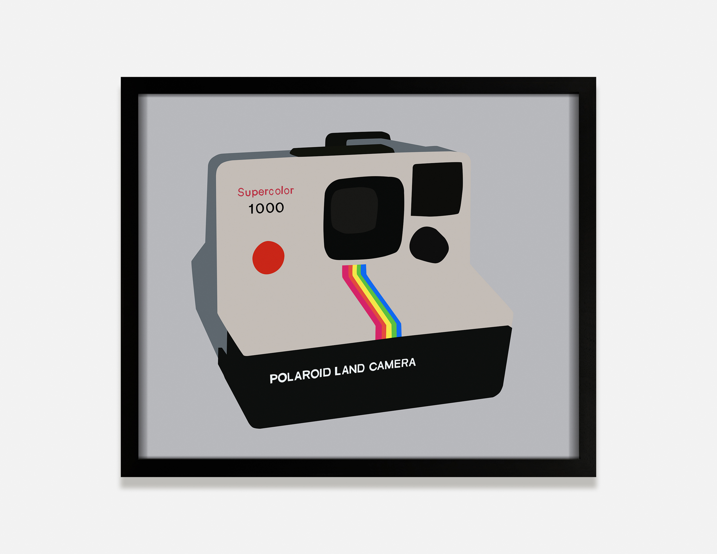 Color image of a color transparency on a light box depicting a Polaroid land camera against a grey background