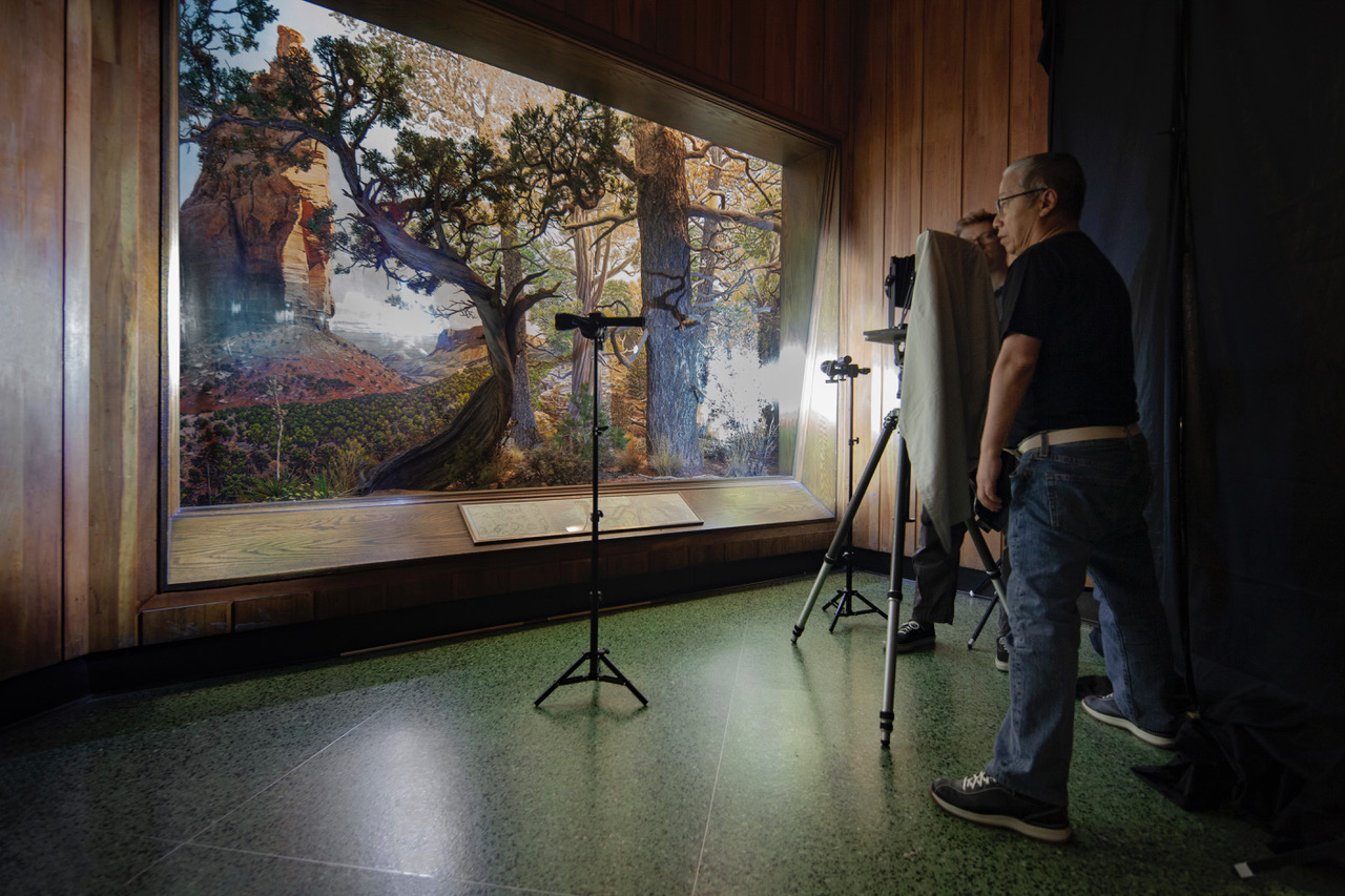 A color image of a person photographing a diorama inside a museum
