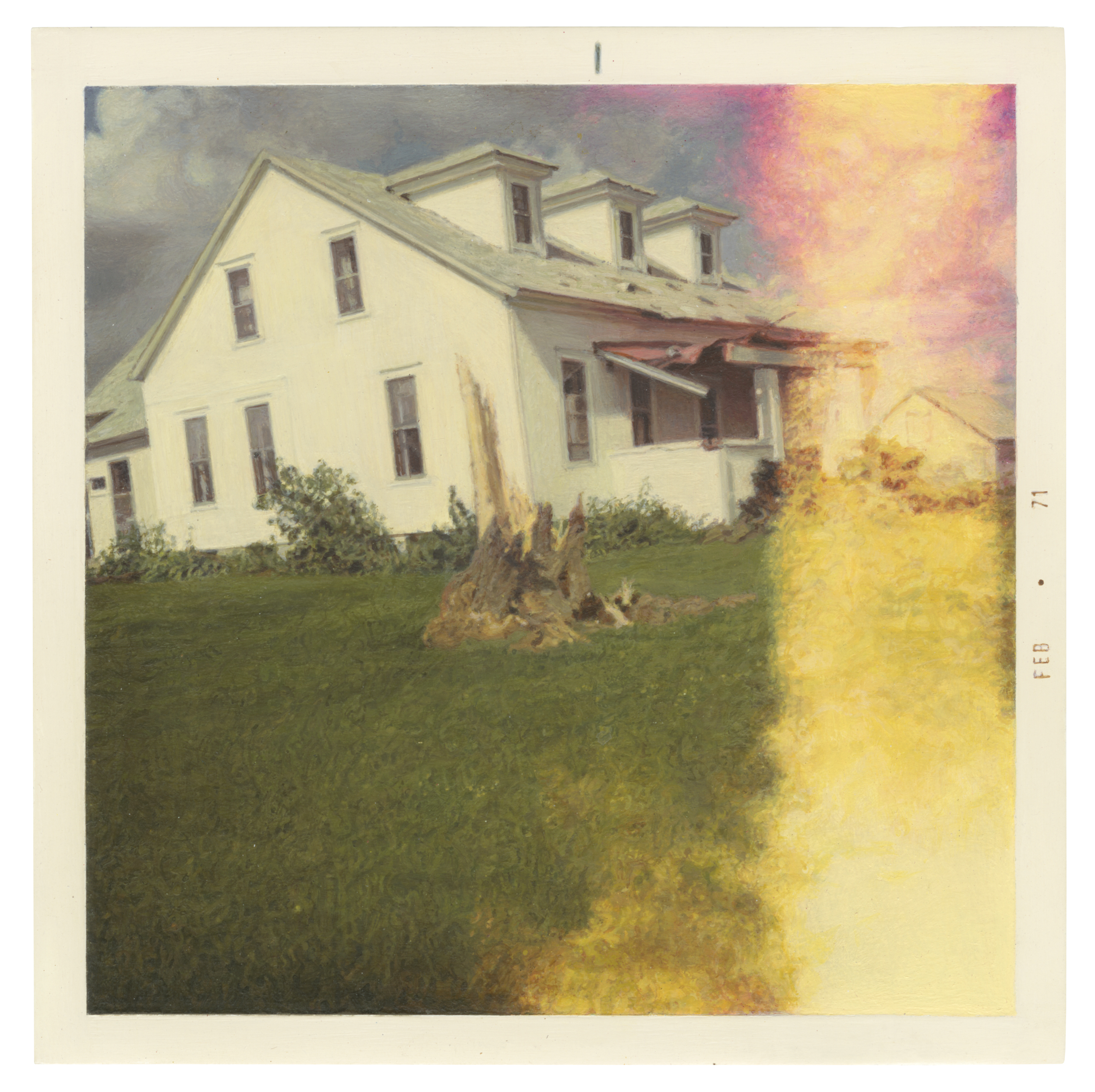 A color image depicting a painting of a light-leaked Polaroid of a damaged house and destroyed tree on a lawn