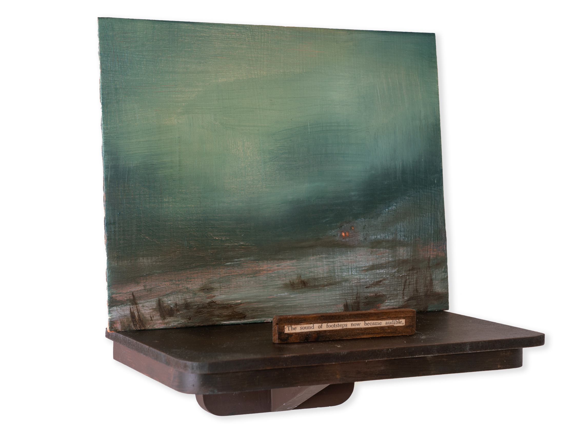 Color image of an oil painting on wooden panel depicting an empty filed at night perched on a shelf with text reading "The sound of footsteps now became audible"