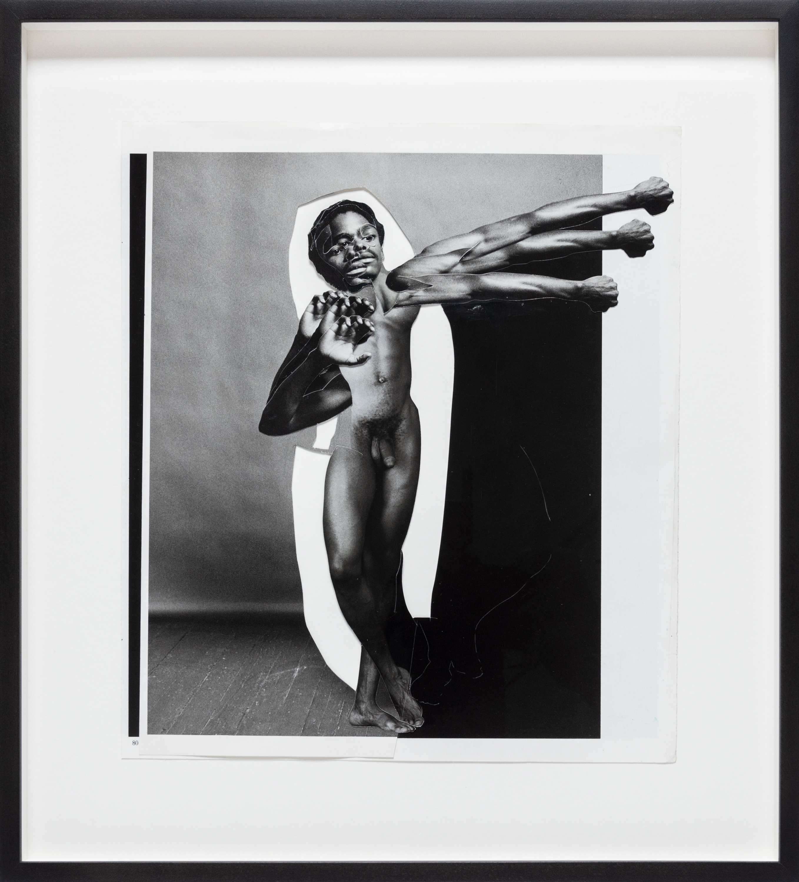 A color image of a black and white collage framed in black depicting a nude figure with multiple arms posing