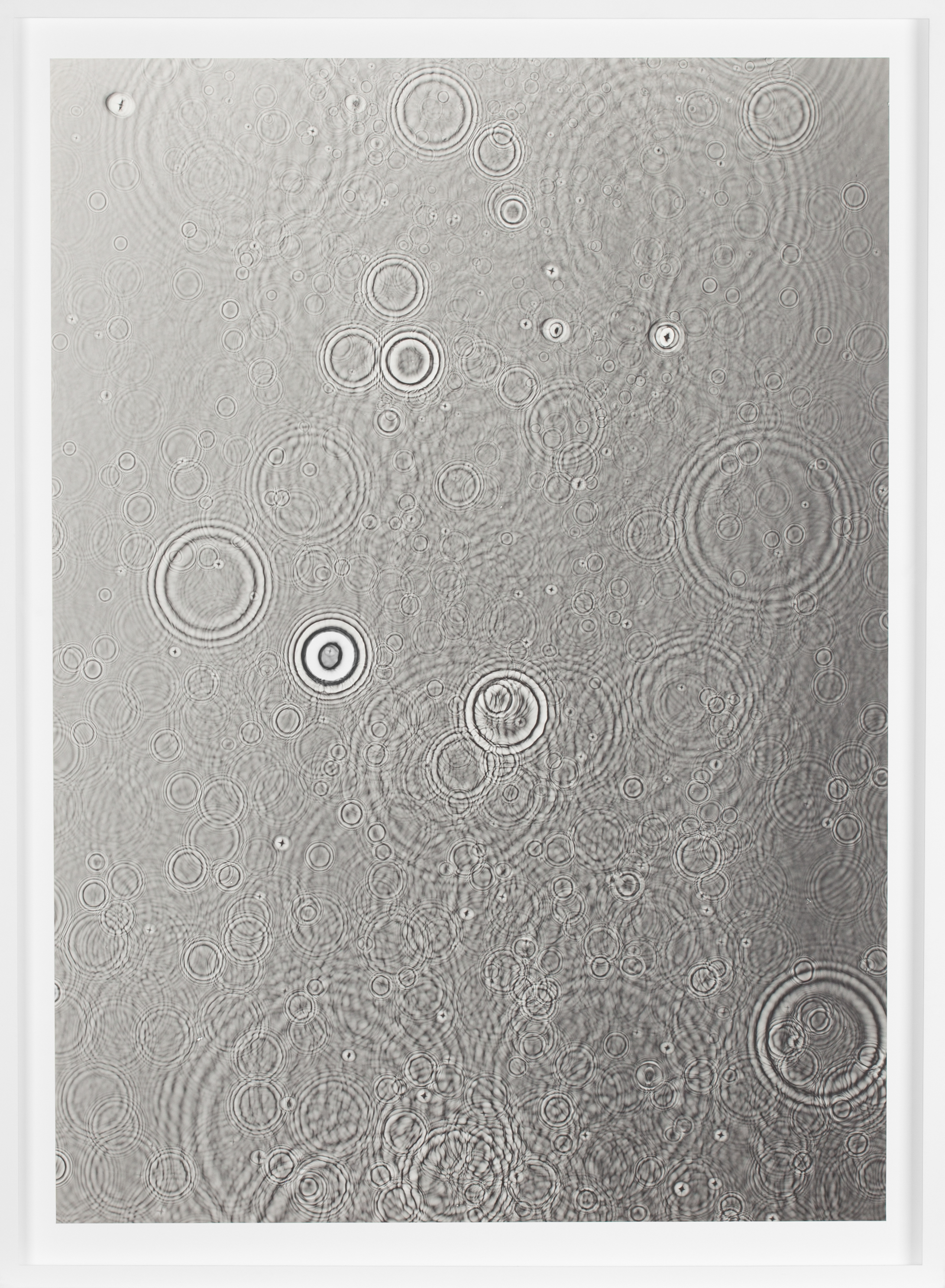 Color image of a grey toned photogram depicting water droplets cascading on the surface framed in white