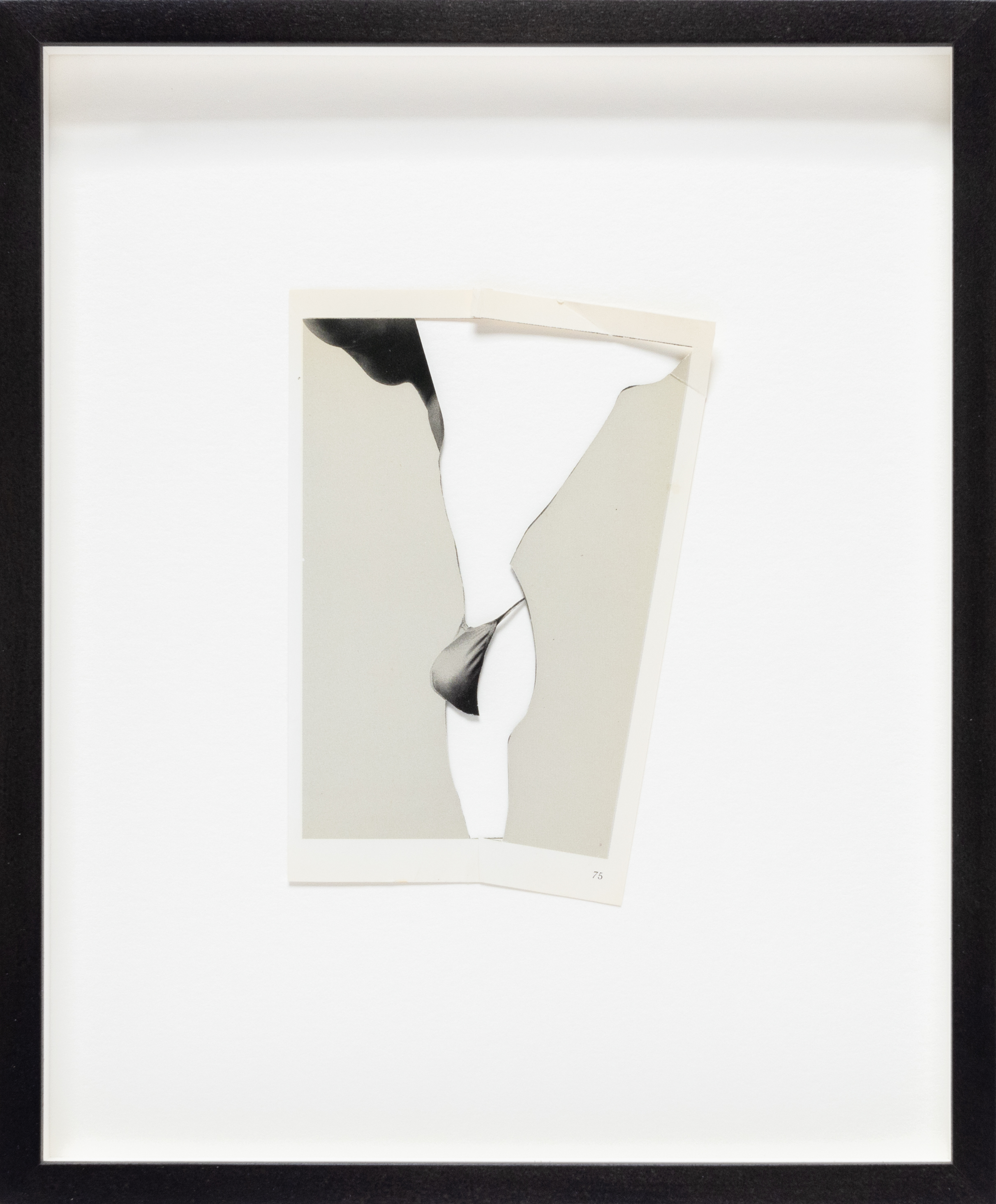 Color image of a black and white collage depicting a figure in a speedo using negative space framed in black