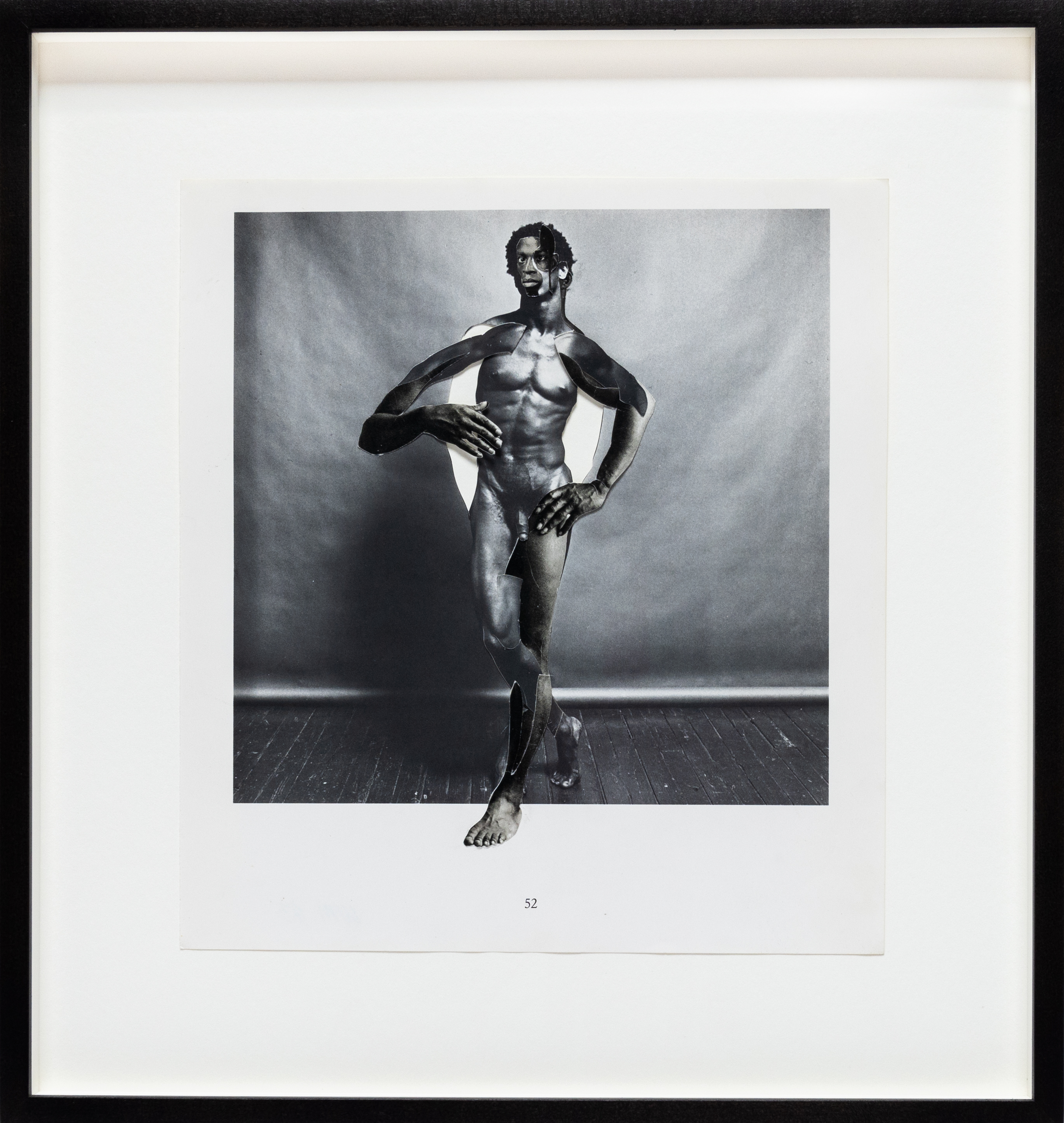 Color image of a black and white collage depicting a nude male figure with abstracted features framed in black