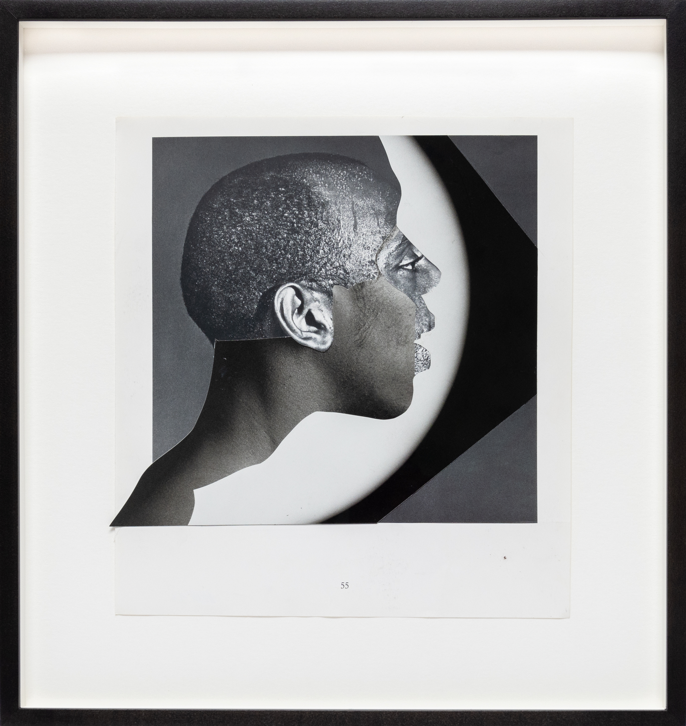 Color image of a black and white collage of a silhouetted figure with abstracted features framed in black