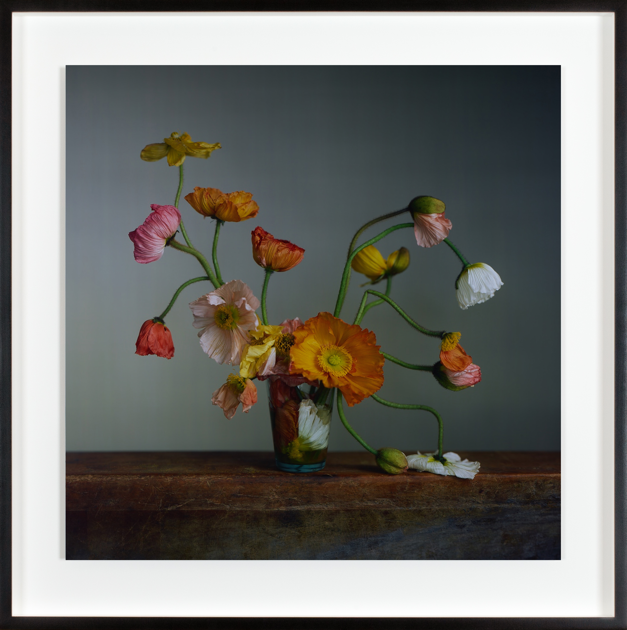 Color photograph of a blooming poppy bouquet in a small glass on a wooden pedestal framed in black