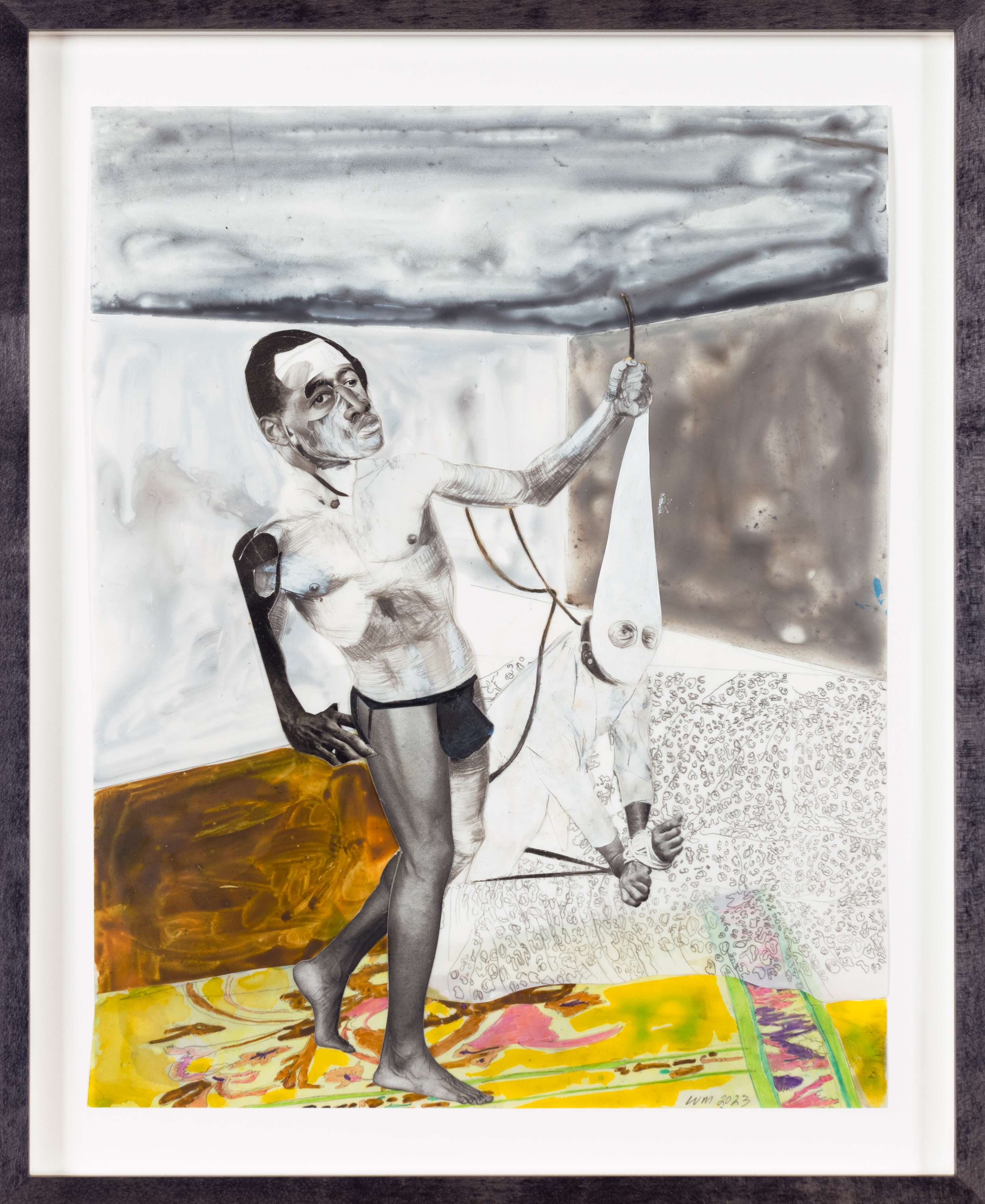 Color image of a mixed media collage depicting a figure in a jockstrap holding another figure in white hood in bondage