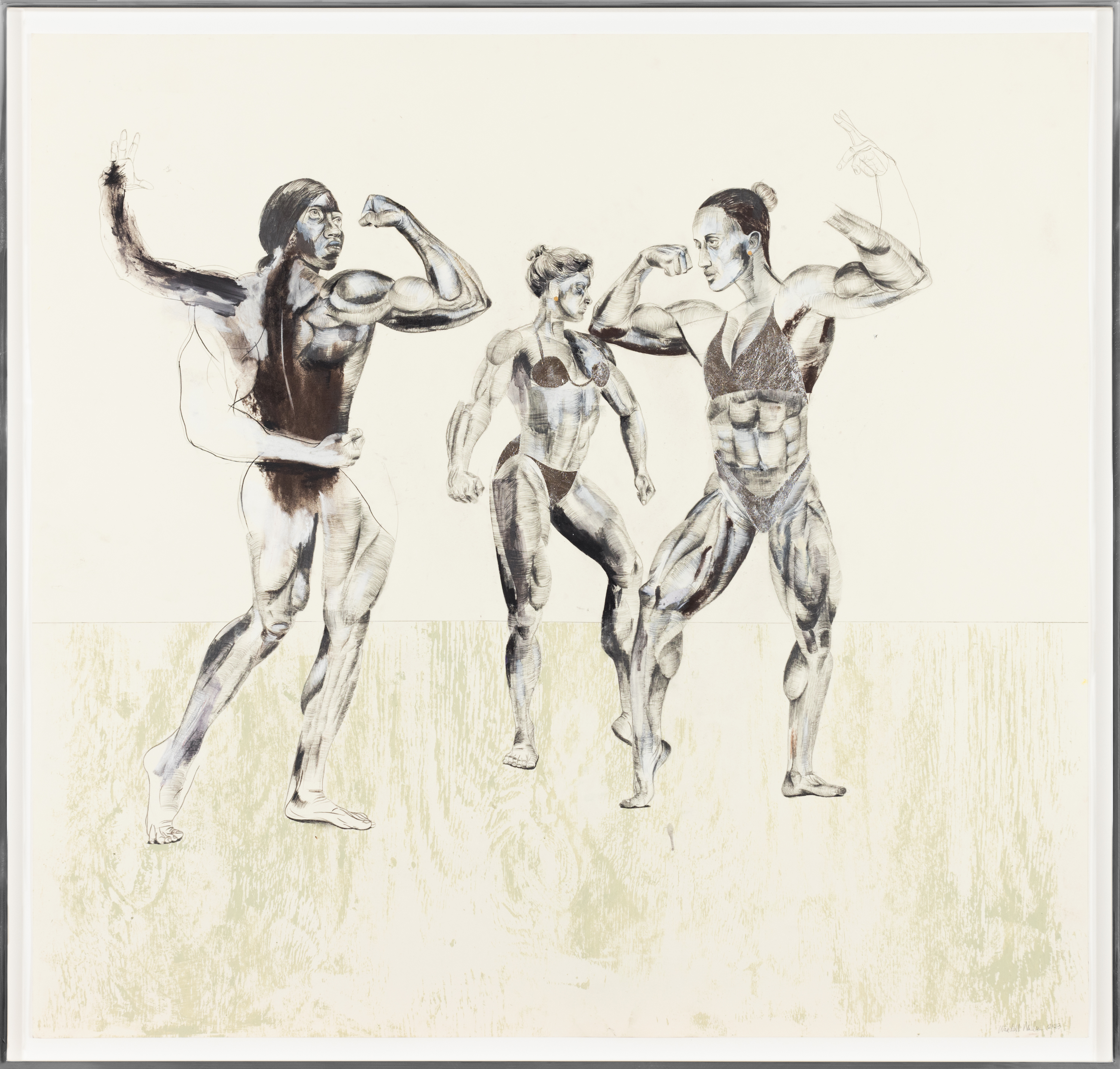Color image of a mixed media collage depicting three female figures wearing silver leaf bikinis and flexing their muscles framed in a polished aluminum frame