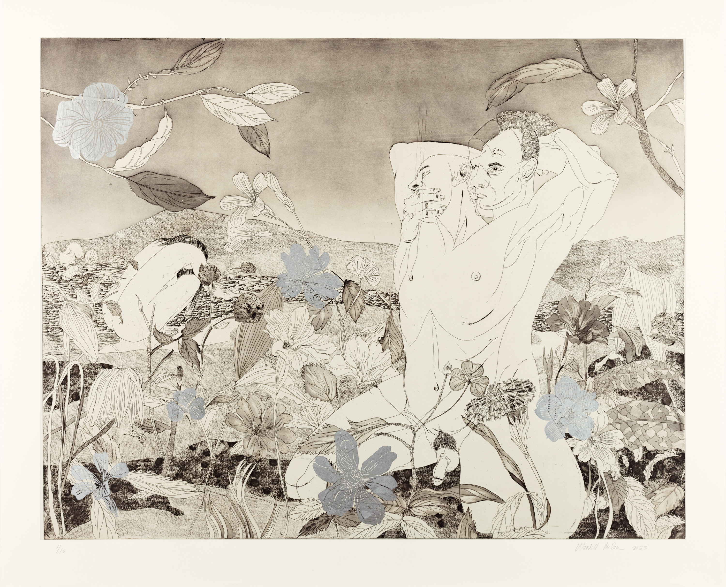 Color image of a warm toned etching depicting three figures in a field of flowers