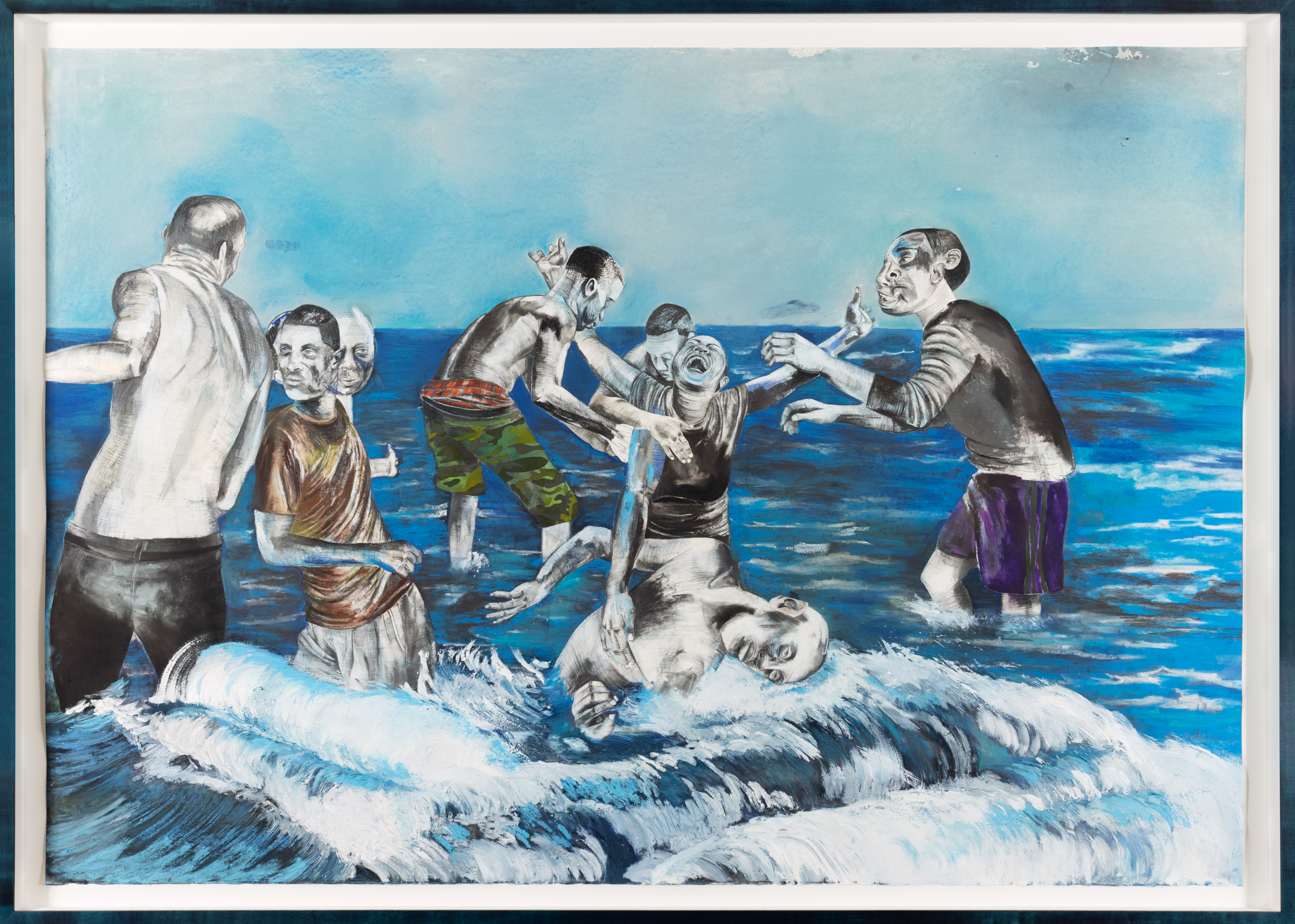 Image of a mixed media painting of a group of people playing in the shallow ocean surf framed in a blue stained wood