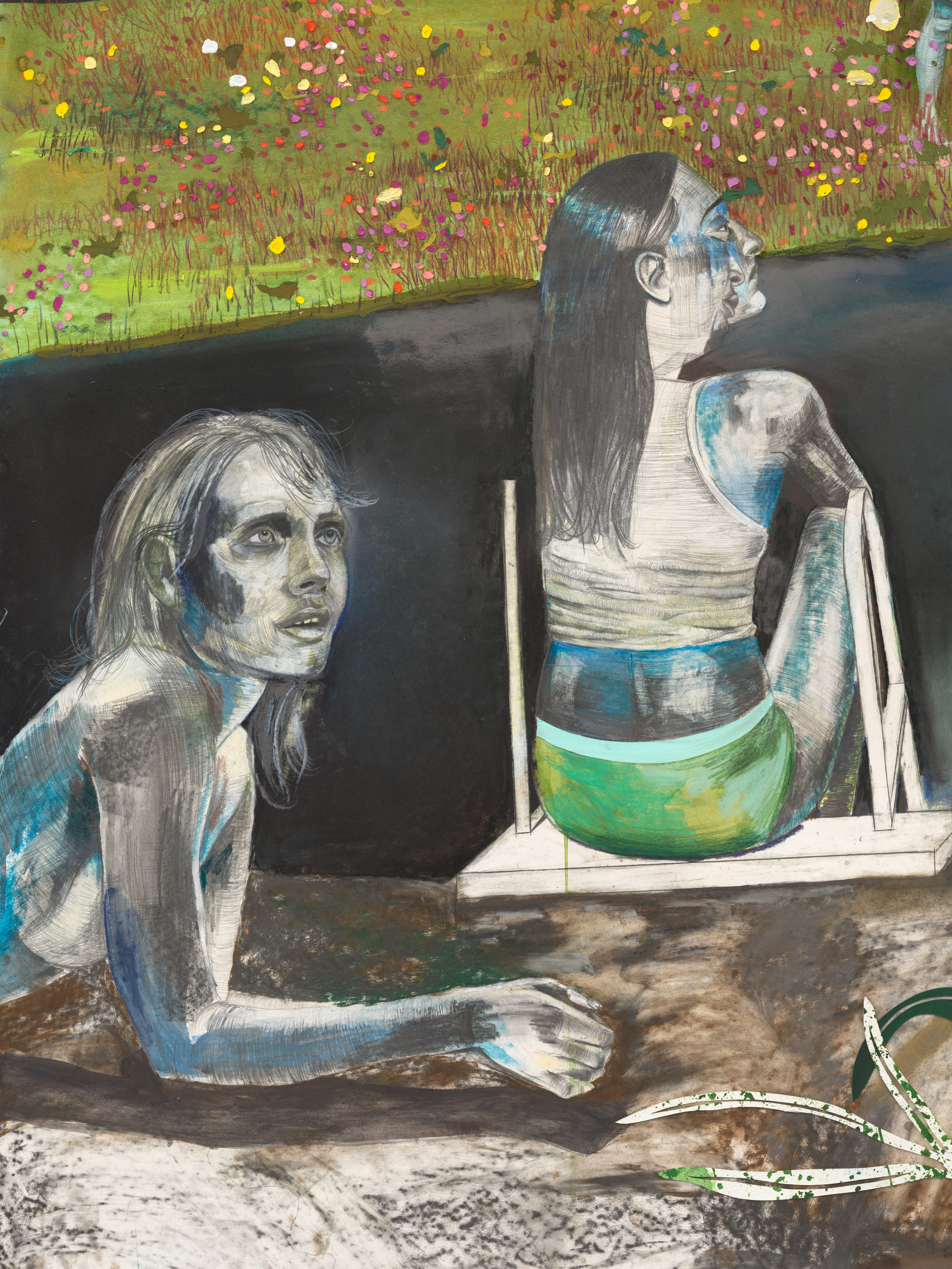 Color image of a detail from a mixed media artwork depicting two figures by a lake lounging