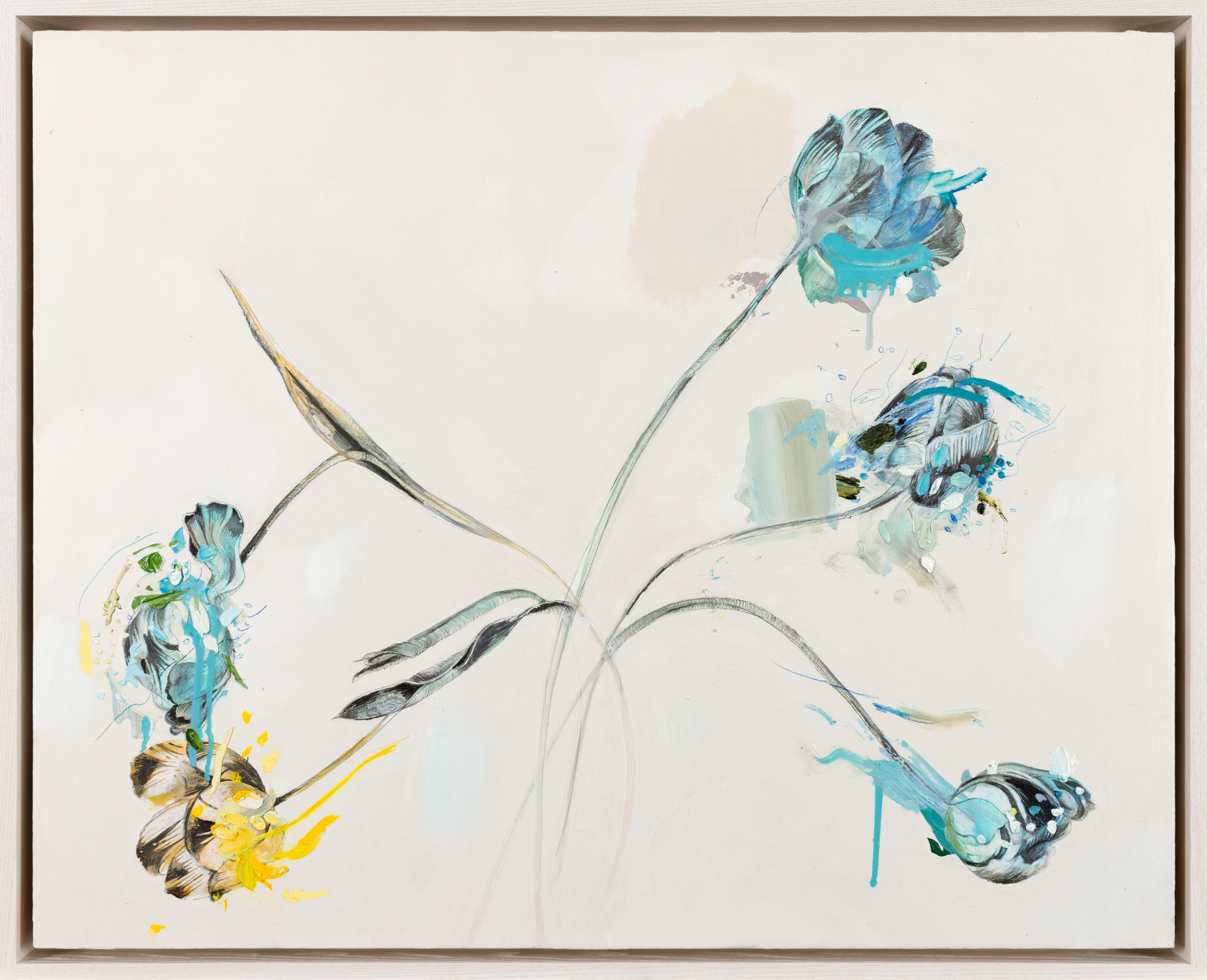 Painting of blue and yellow tulips on a pale off white colored background in a light wood frame