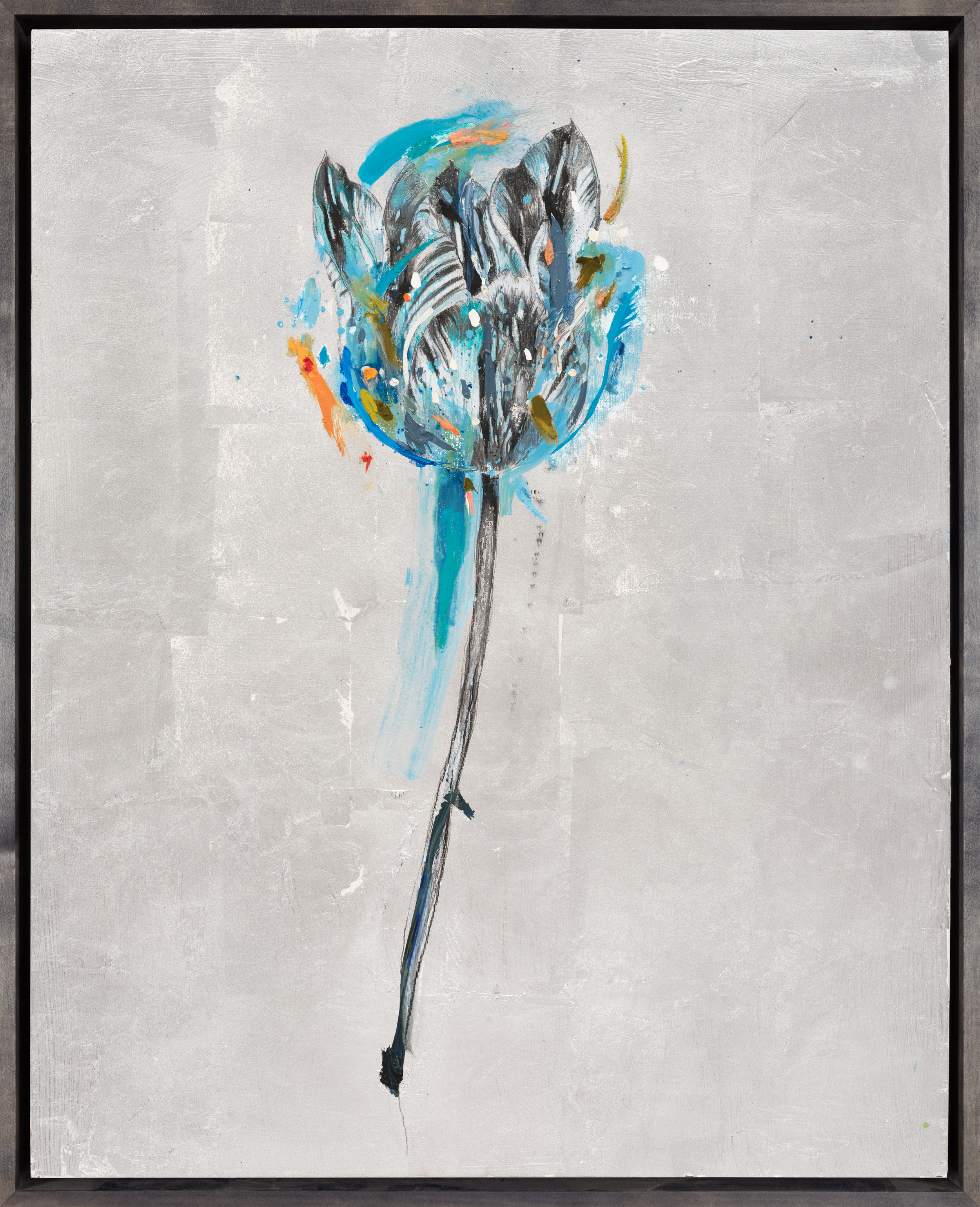 Painting of a gestural blue tulip on a silver leaf background framed in a wood frame
