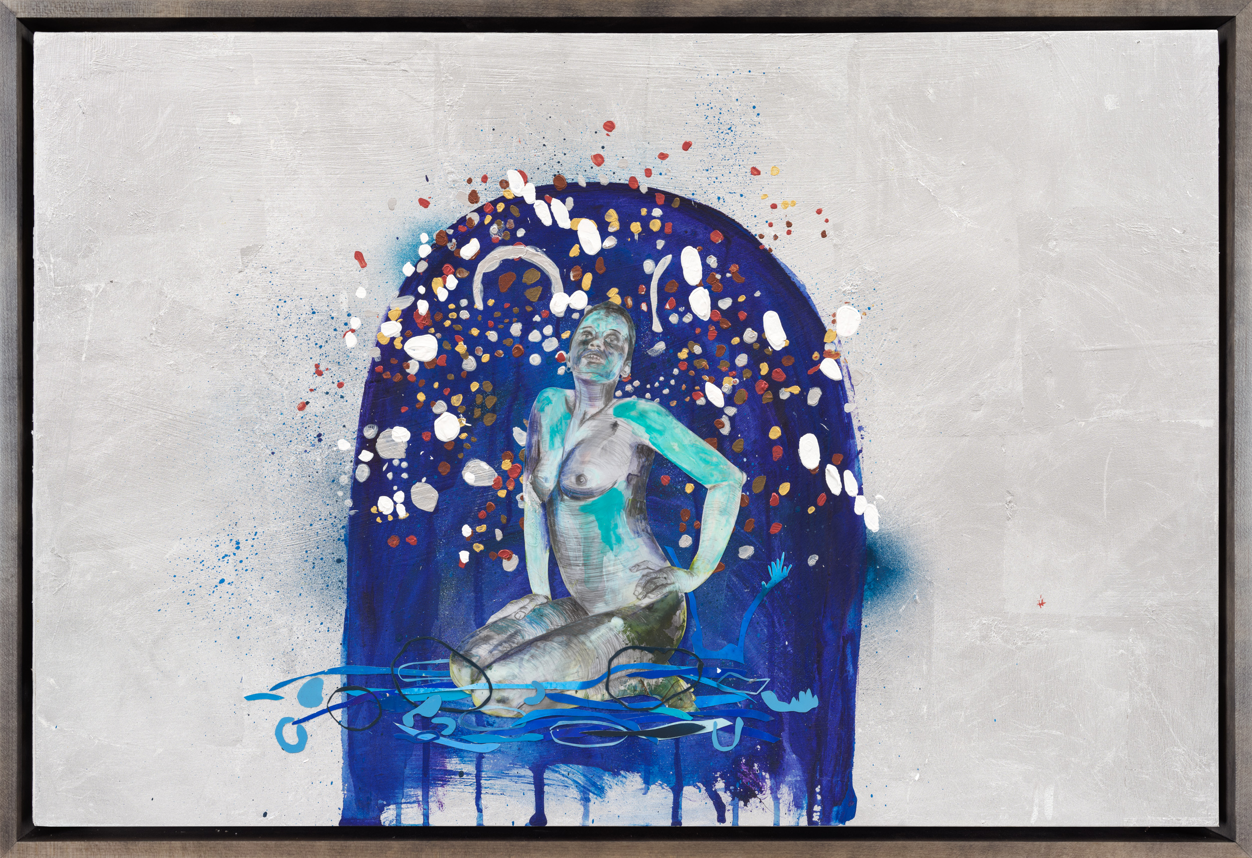 Painting of a blue and teal nude figure sitting in a arch shaped wash of blue on a silver leaf background.