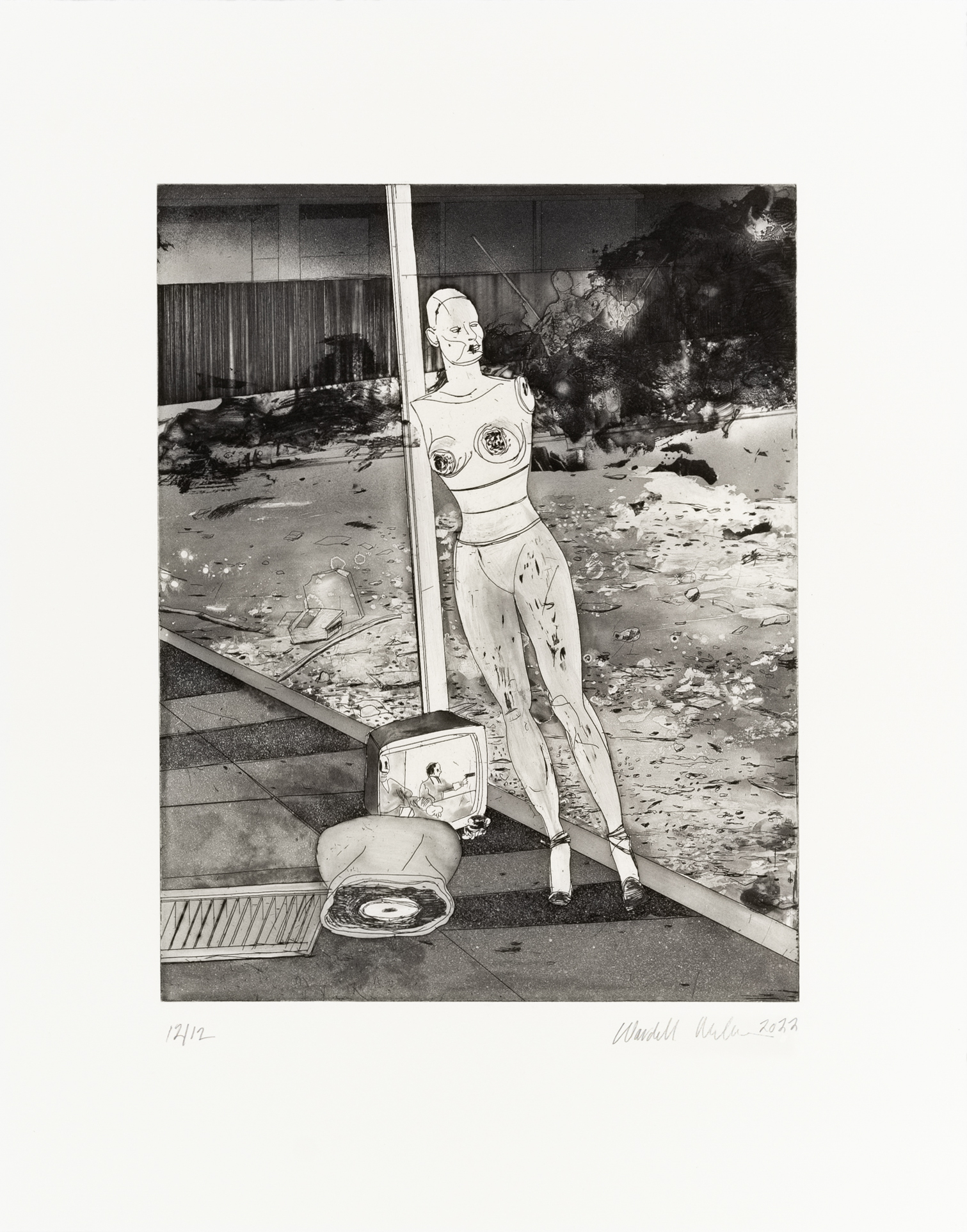 Black and white etching of a mannequin near a television outside with debris from an explosion