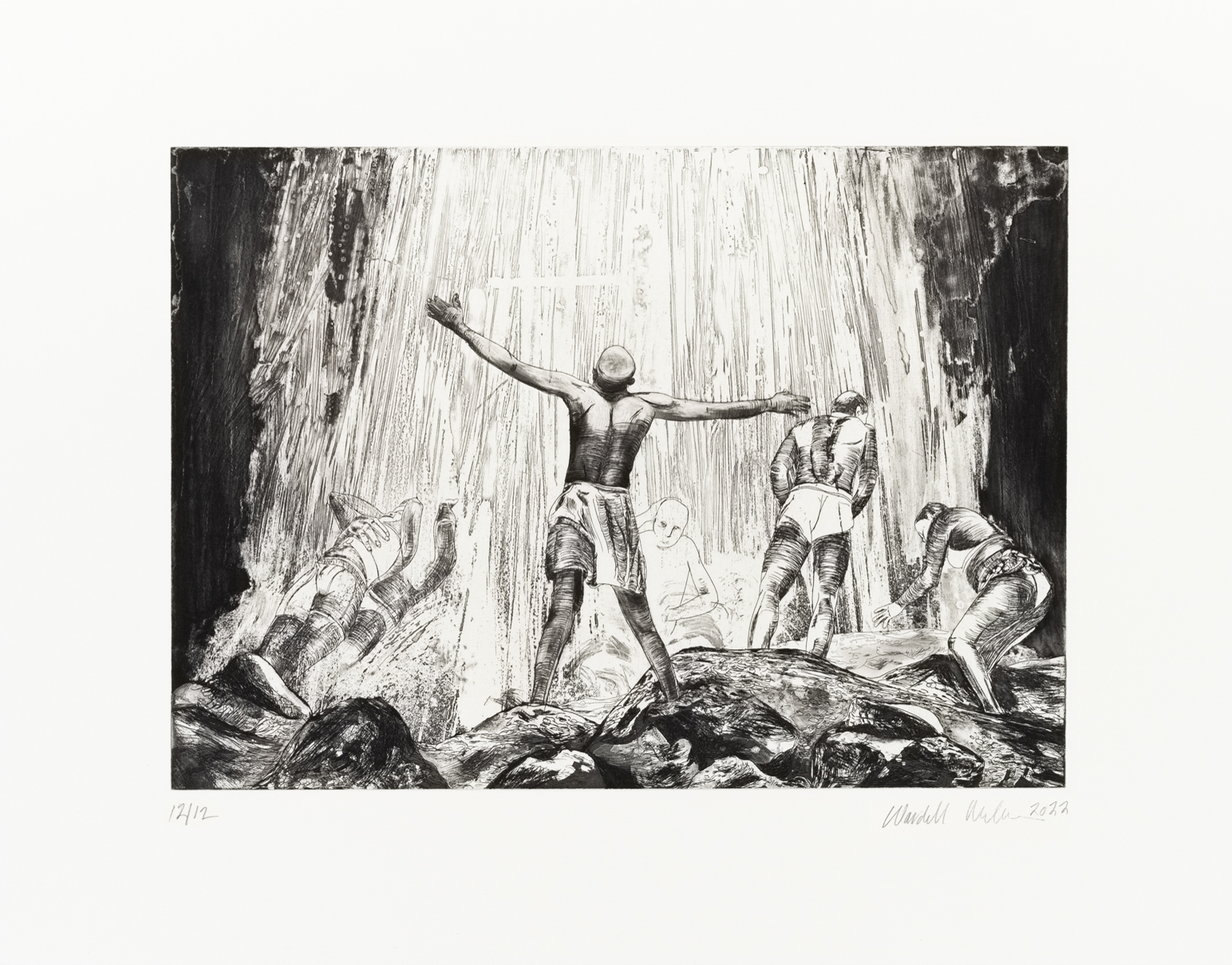 Black and white etching of several figures engaging with a waterfall