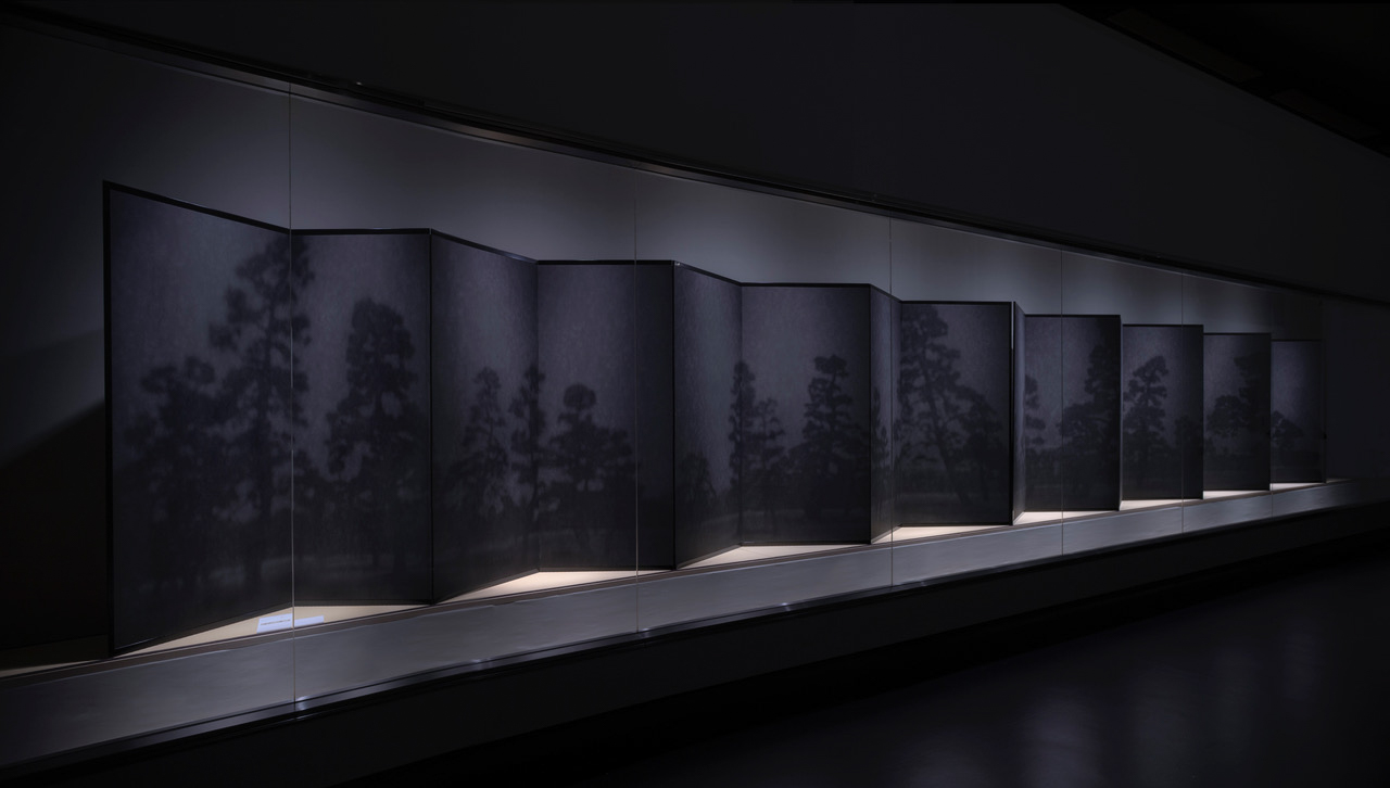 Installation view of a color photograph featuring a landscape of pine trees mounted on a folding screen