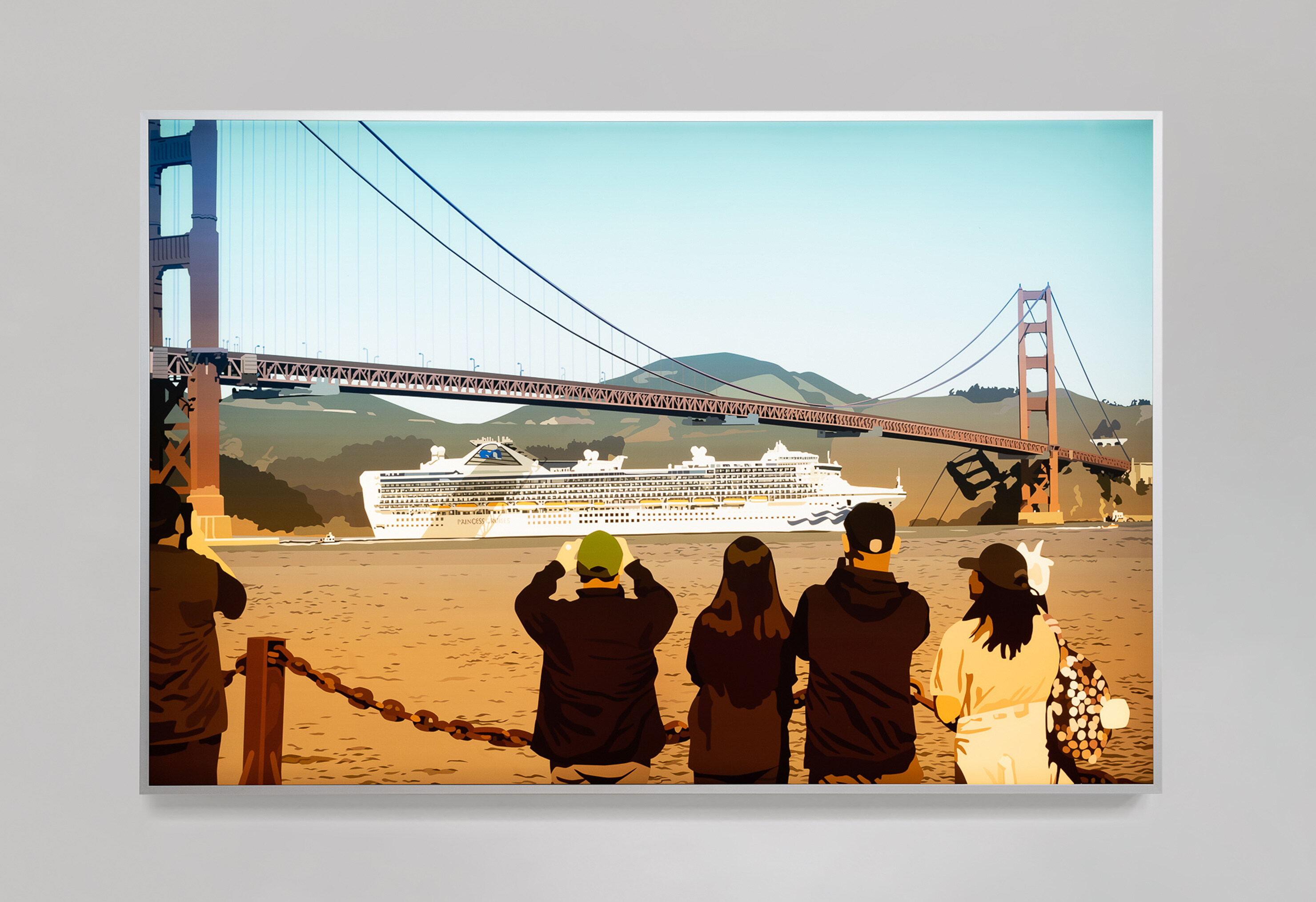 Color image of an artwork depicting a large cruise ship traveling under the golden gate bridge as several onlookers watch on framed on a light box on a white wall