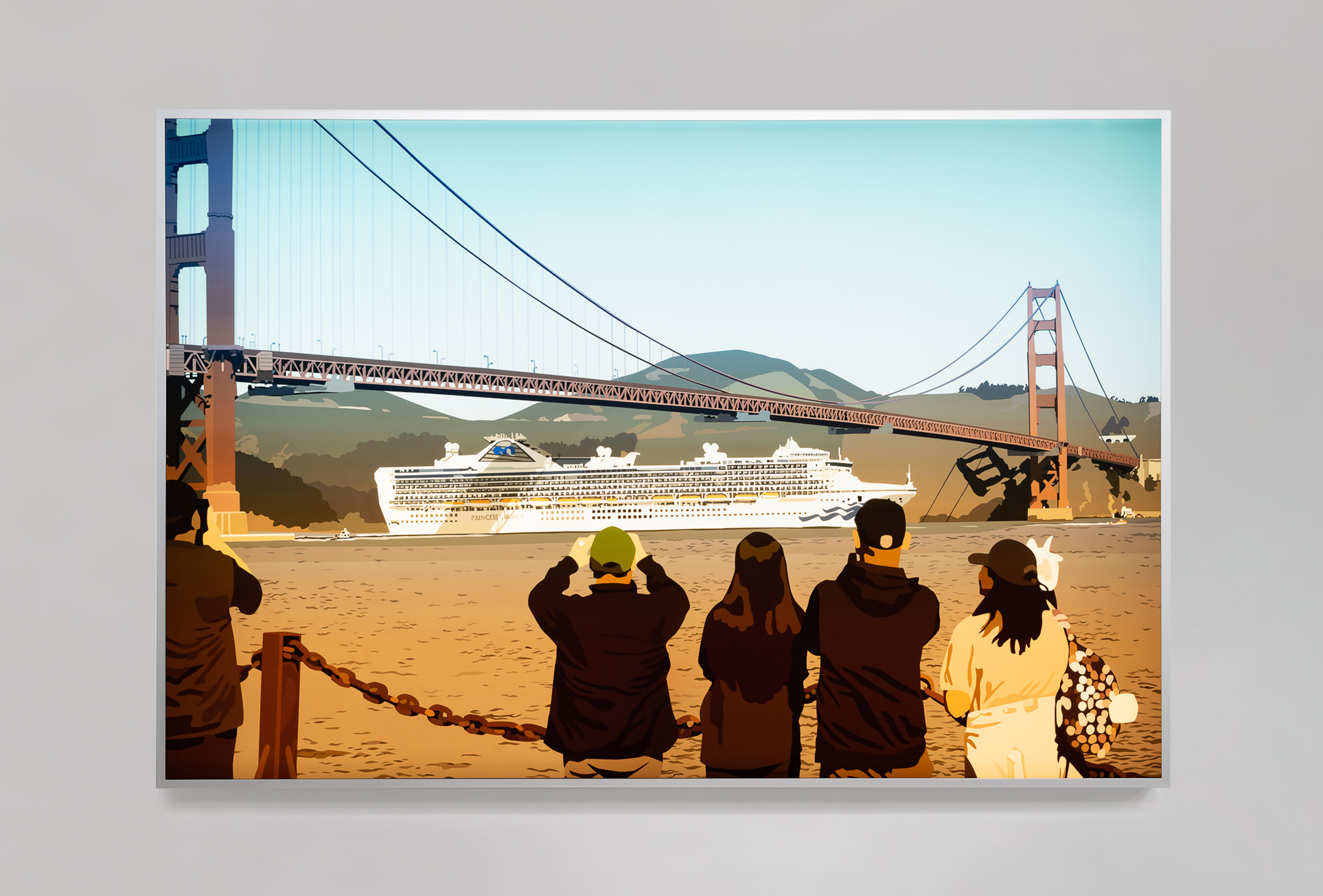 Color image of an artwork depicting a large cruise ship traveling under the golden gate bridge as several onlookers watch on framed on a light box on a white wall