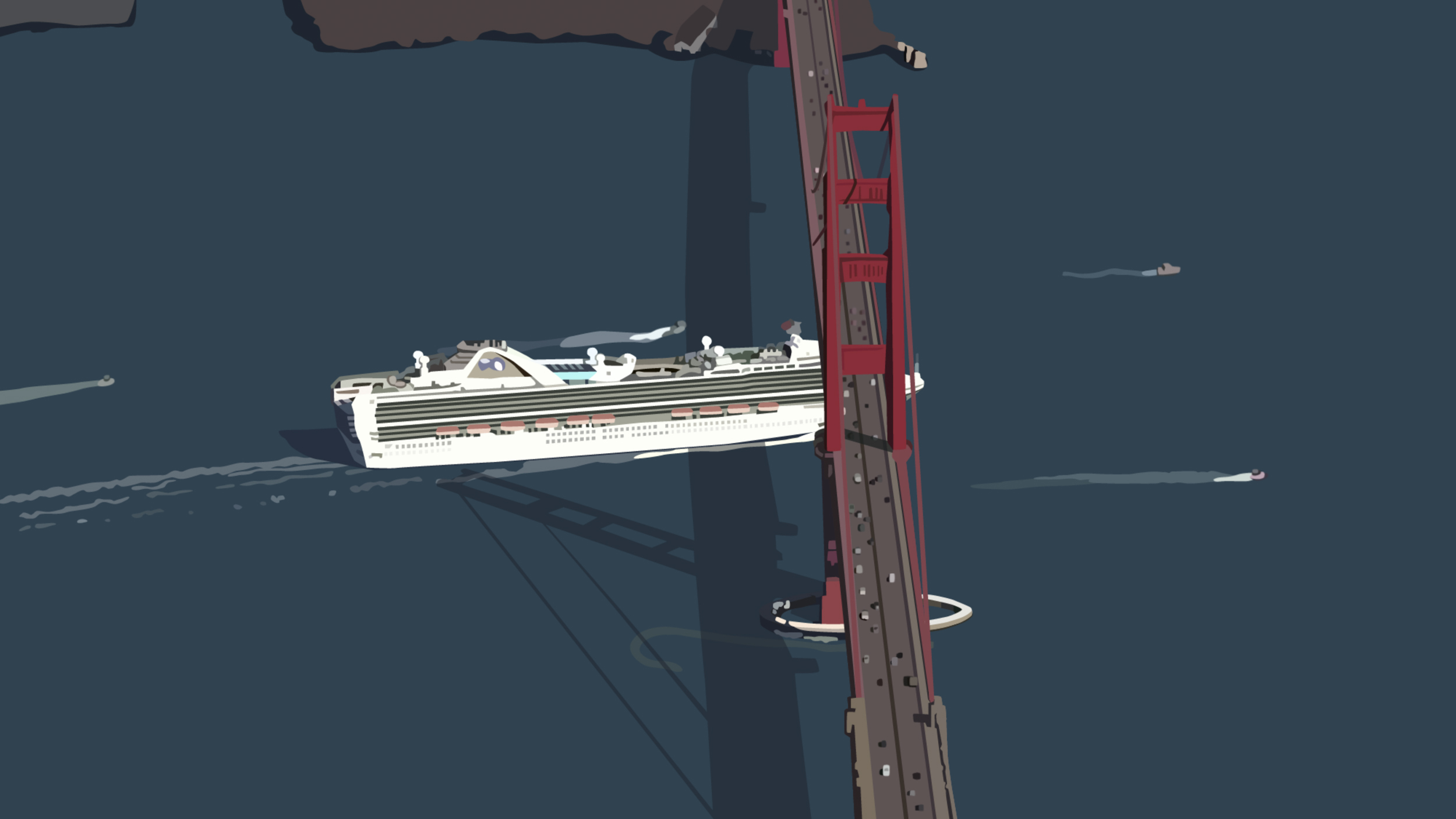 A video still of an animation depicting a large cruise ship flanked by several small boats traveling underneath the Golden Gate Bridge