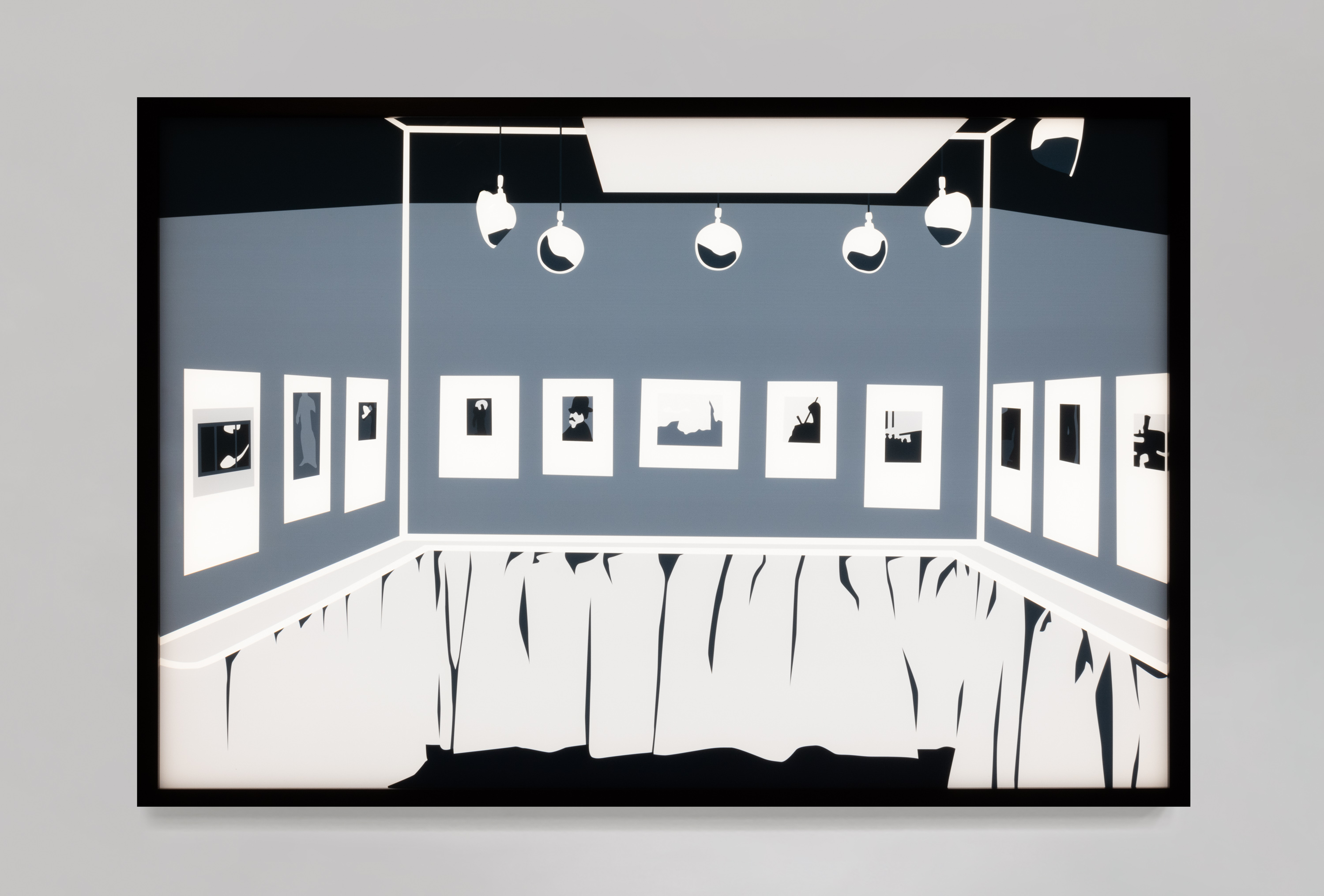 Color image of a black and white transparency on a light box depicting an exhibition of black and white photographs