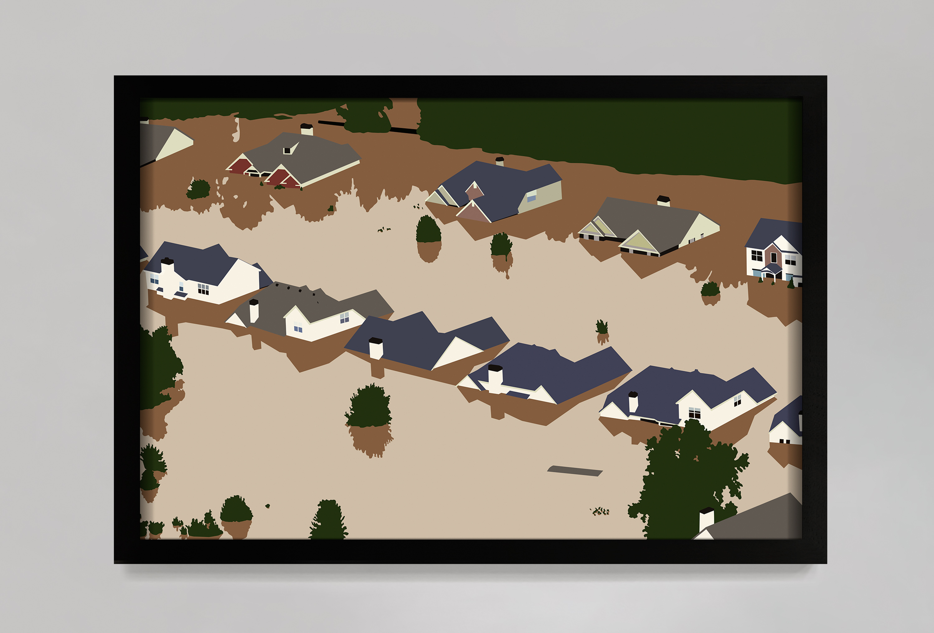 Color image of a color transparency on a light box depicting an aerial view of several homes that have flooded