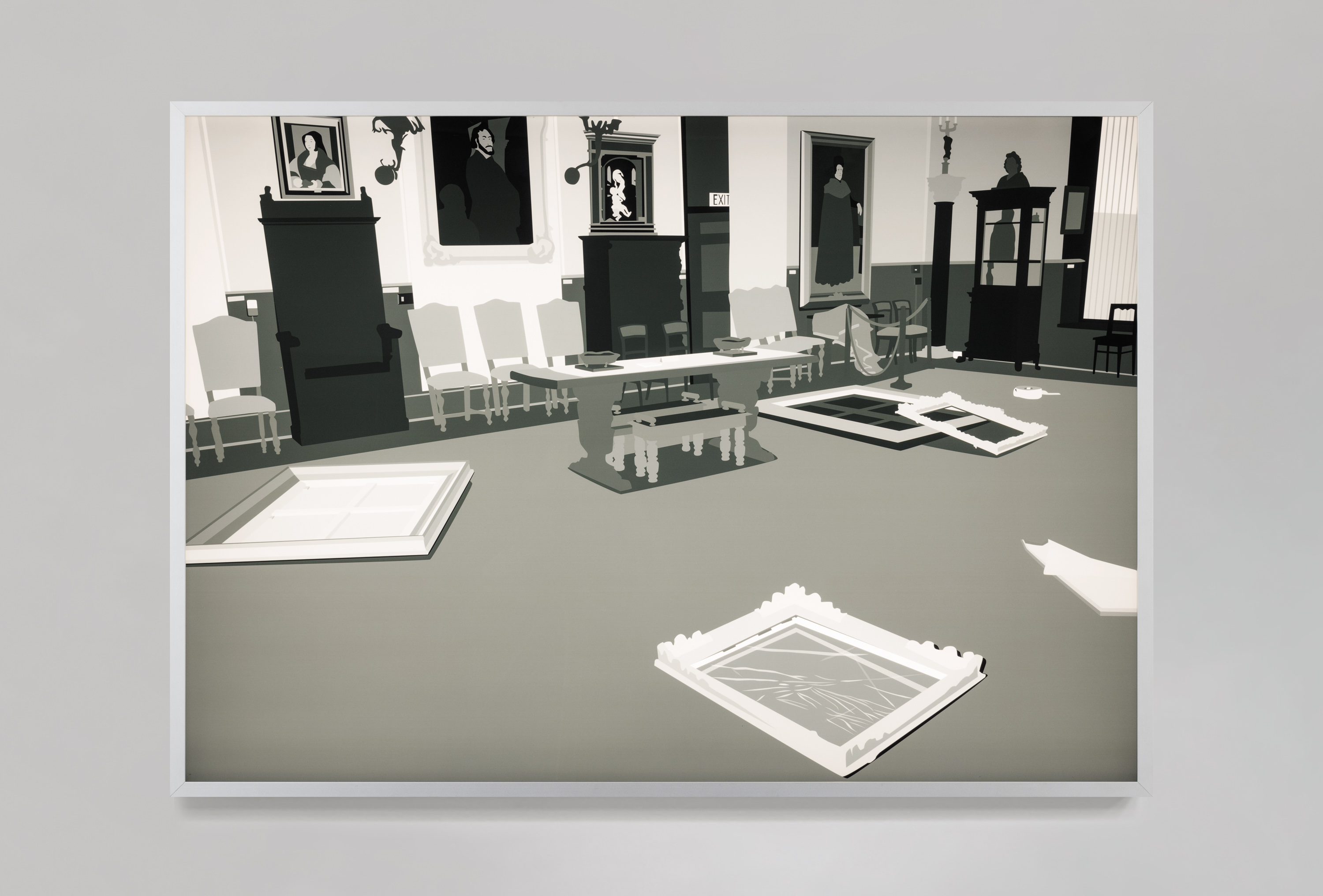 Color image of a black and white transparency on a light box depicting the aftermath of an art heist with empty and destroyed frames on floor of gallery