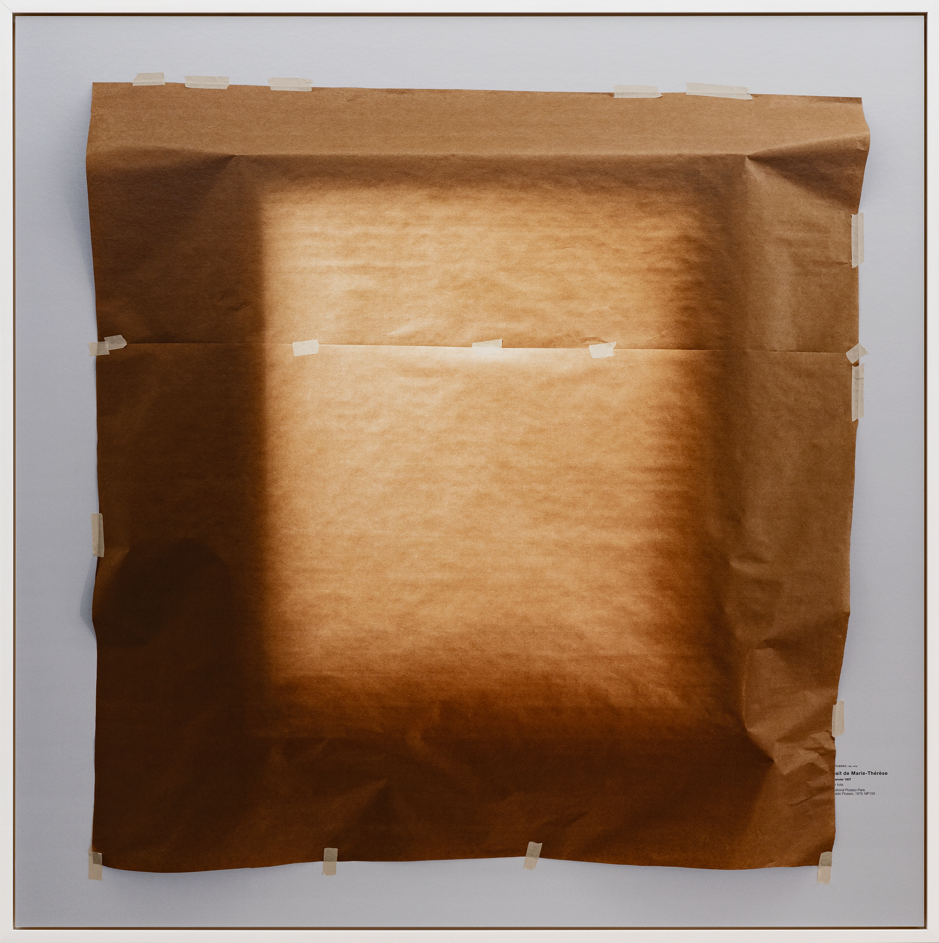 Color photograph of an installed artwork covered with brown paper and beige tape framed in white