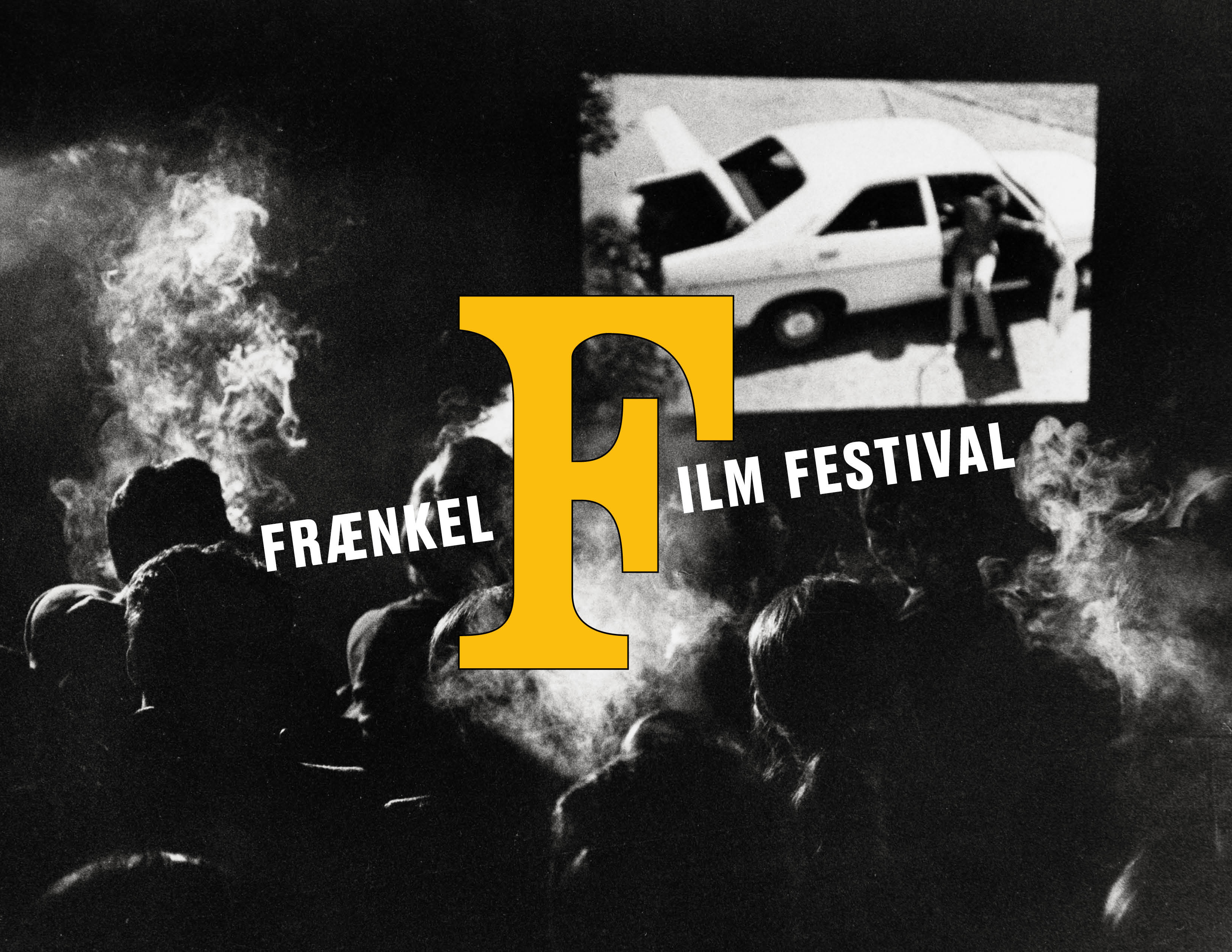 Black and white image of audience members smoking in a theater with a logo overlayed