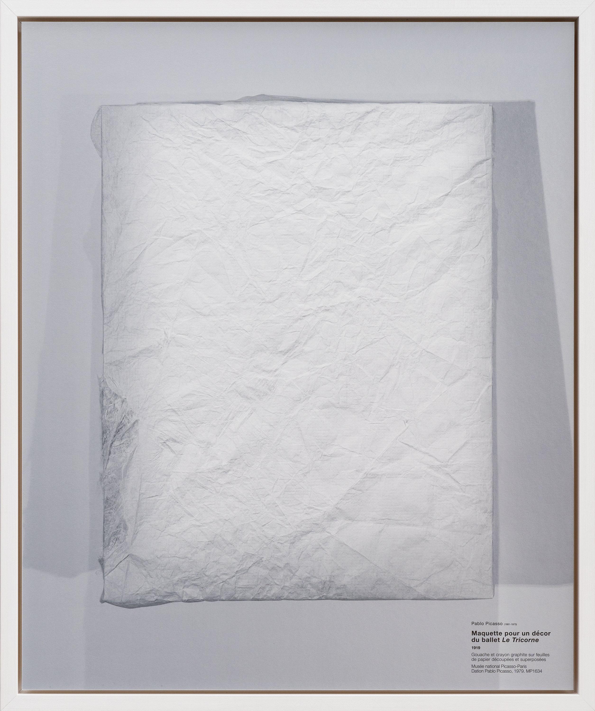 Color photograph of an installed artwork covered with white paper framed in white
