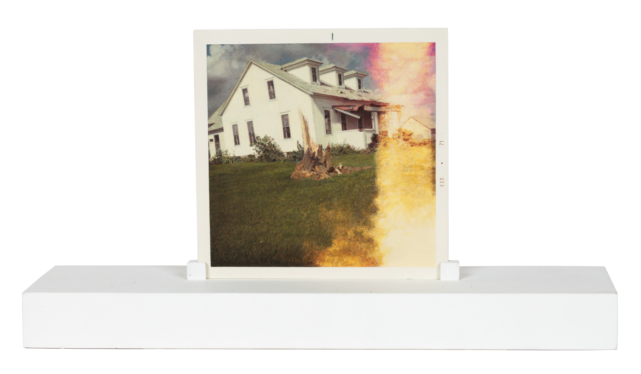 Color image of a small hyperrealistic painting of a square photograph depicting a tree stump on the front lawn of a home on a white stand