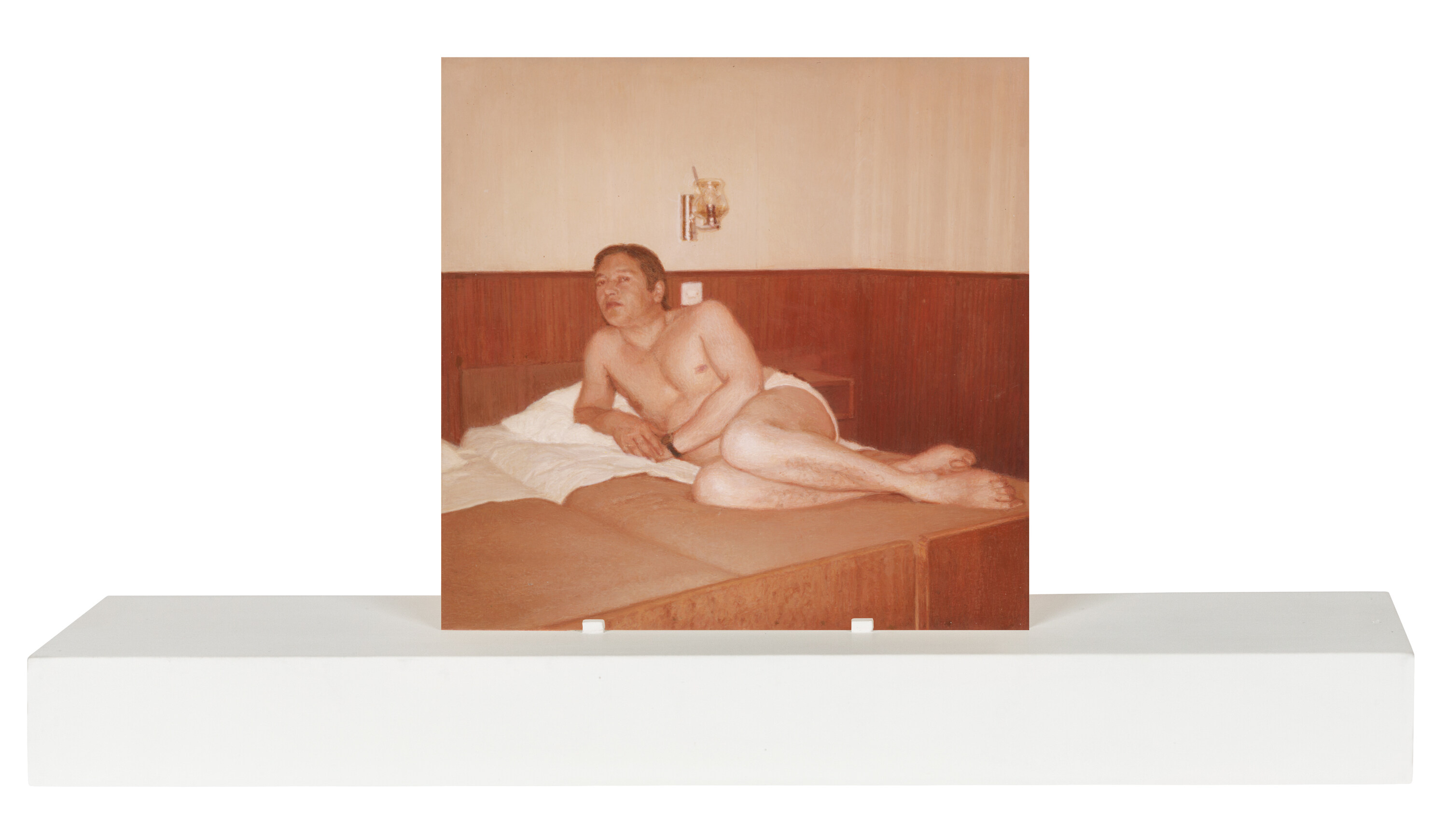 Color image of a small painting rendered as a photograph depicting a Color photograph of a realistically rendered painting depicting a photograph of a semi nude figure laying on a bed on a small white stand