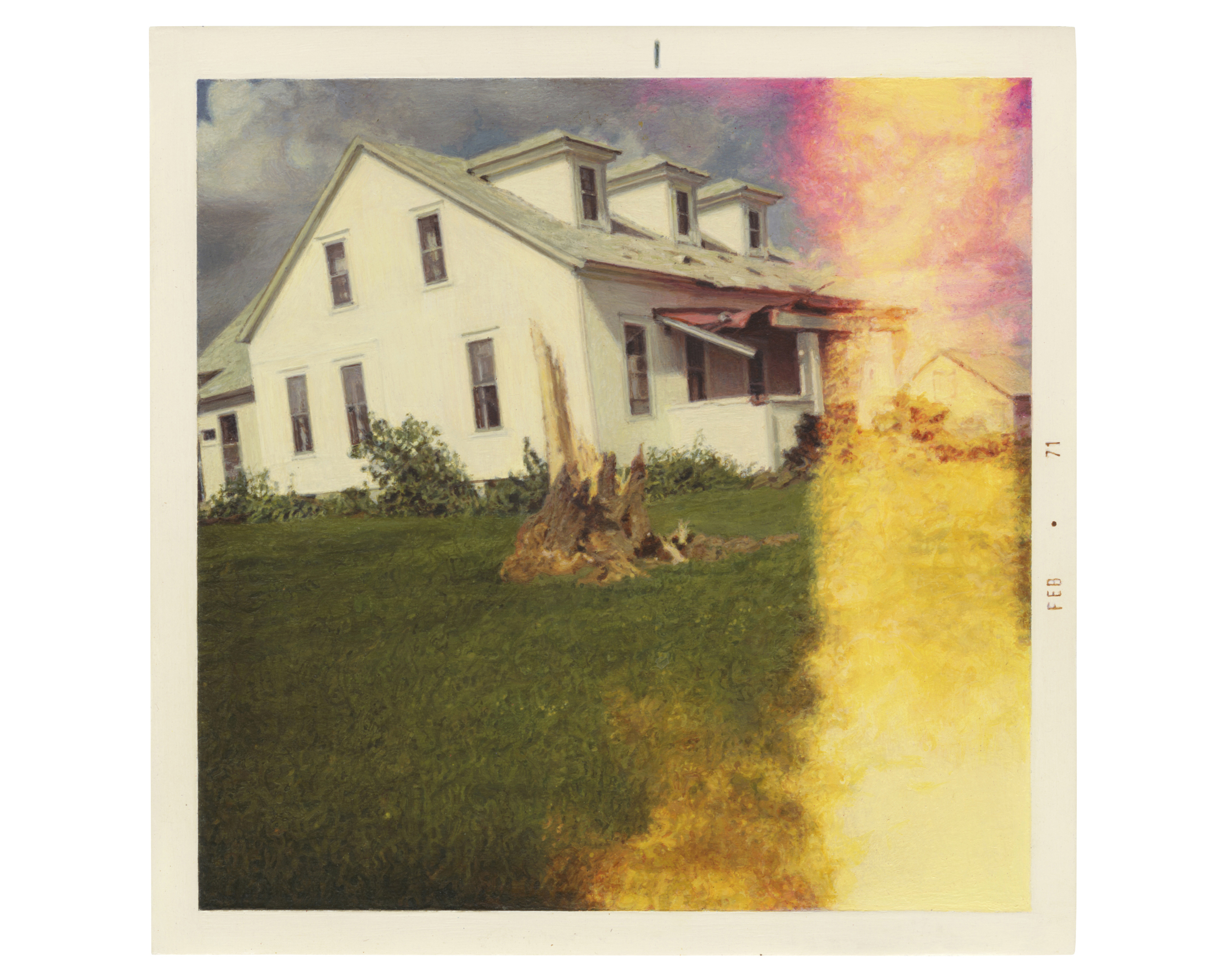 A color image depicting a painting of a light-leaked Polaroid of a damaged house and destroyed tree on a lawn