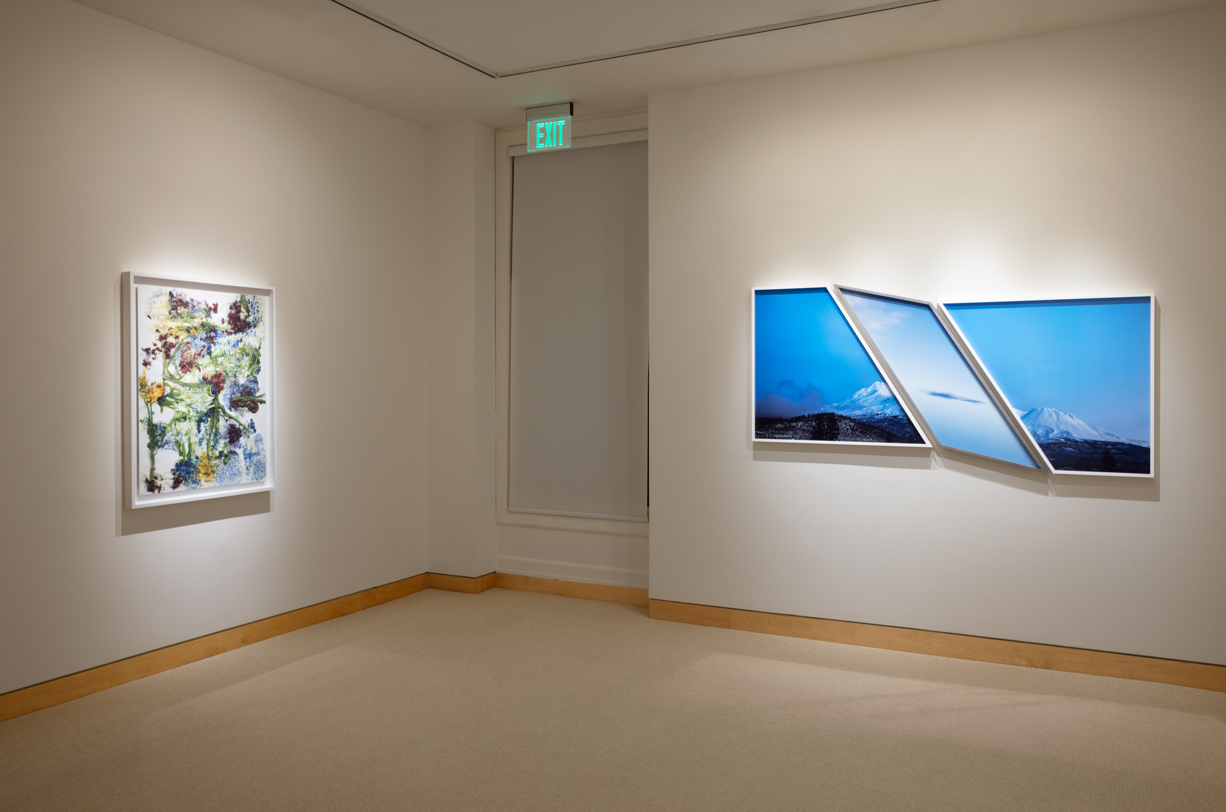 A color image of two works of art hanging on perpendicular white gallery walls