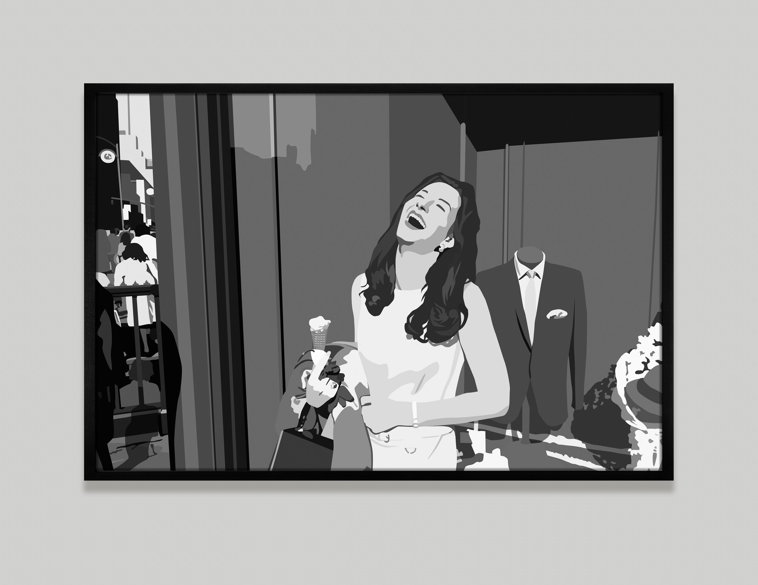 Wall-mounted lightbox showing a black-and-white rendering of a woman in front of a store while holding ice cream.